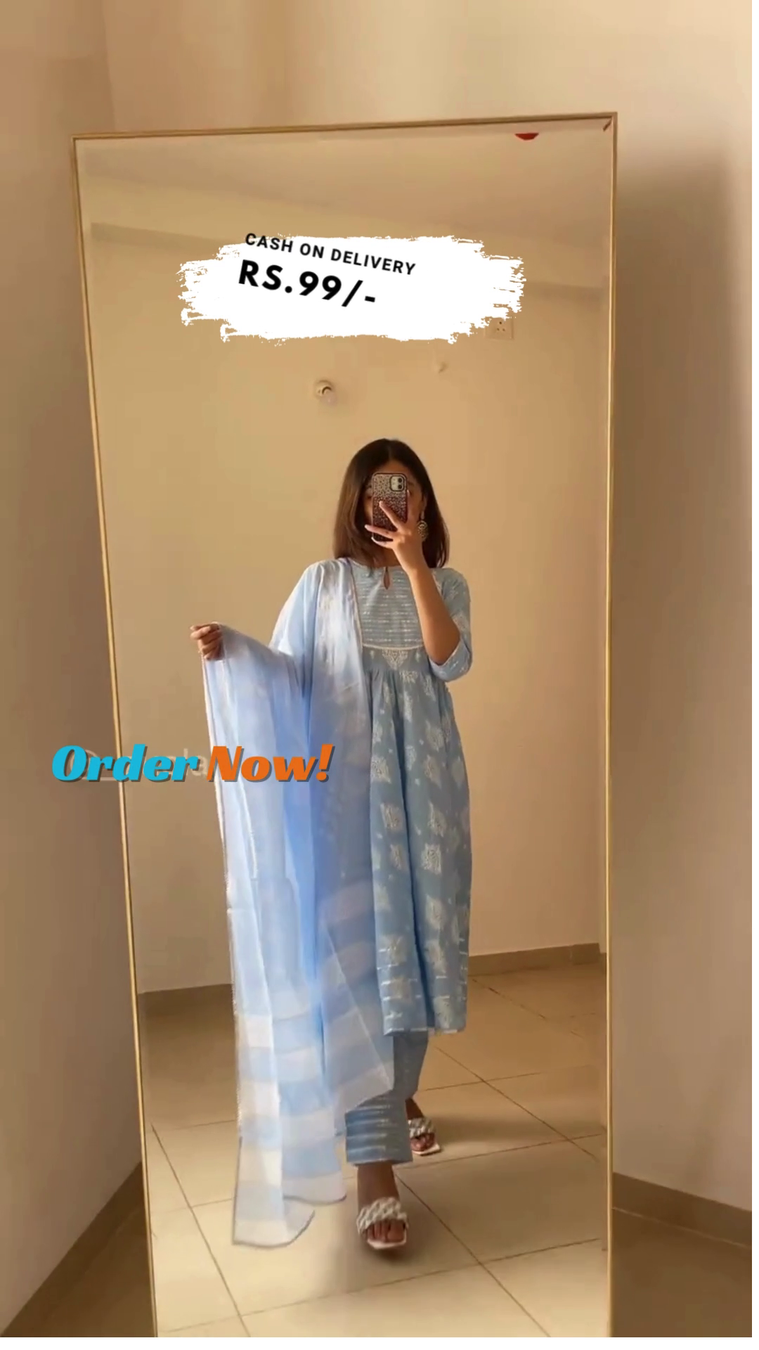 Blue Printed Cotton Anarkali Kurta With Dupatta