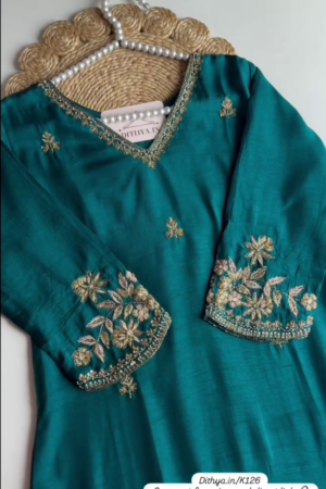 Floral Yoke Design Beads Work Pure Silk Kurta With Pyjama & Dupatta Green