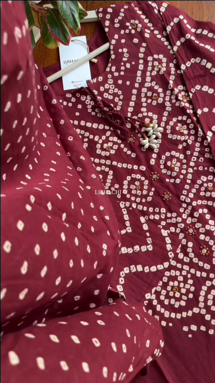 Women Red & White Bandhani Printed Pure Cotton Kurta,Bottom and Dupatta - Image 3