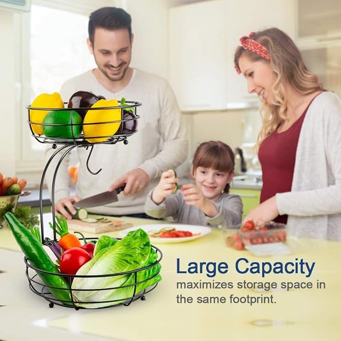 Auledio Iron 2-Tier Countertop Fruit Vegetables Basket Bowl Storage With Banana Hanger, Black, 64 ounces - Image 2