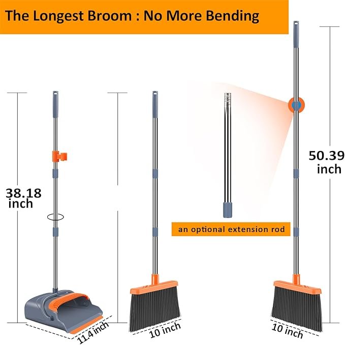 Upgrade Broom and Dustpan Set, Self-Cleaning with Dustpan Teeth, Indoor&Outdoor Sweeping, Ideal for Dog Cat Pets Home Use, Stand Up Broom and Dustpan (Gray&Orange) - Image 2