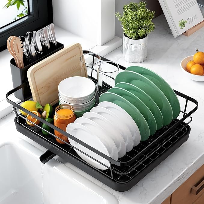 Kitchen Dish Drying Rack for Kitchen Counter, Stainless Steel Sink Organization and Storage Essentials with Cutlery Holder, Home and Appartment Decor, 12''W x 15.5''L, Black