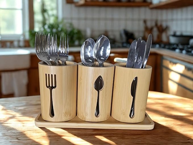 Bamboo Cutlery Holder Set - 3 kitchen Utensils Holder Cutlery Organiser with Bamboo Tray | Decorative kitchen countertop Cutlery Stand | Utensil holder - knife, fork and Spoon Holders - Image 2