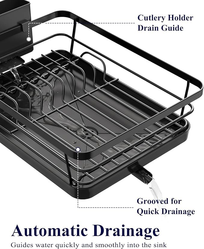 Kitchen Dish Drying Rack for Kitchen Counter, Stainless Steel Sink Organization and Storage Essentials with Cutlery Holder, Home and Appartment Decor, 12''W x 15.5''L, Black - Image 3