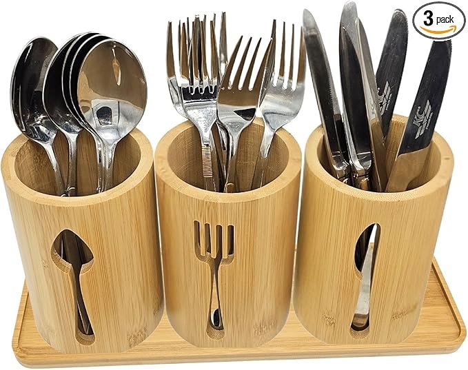 Bamboo Cutlery Holder Set - 3 kitchen Utensils Holder Cutlery Organiser with Bamboo Tray | Decorative kitchen countertop Cutlery Stand | Utensil holder - knife, fork and Spoon Holders