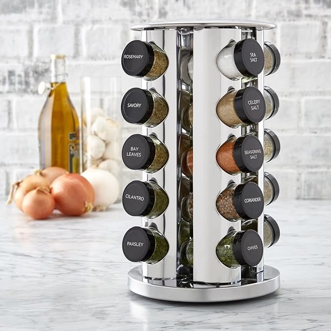 0 Jar Revolving Countertop Spice Rack with Spices Included, FREE Spice Refills for 5 Years, Polished Stainless Steel with Black Caps, 30020