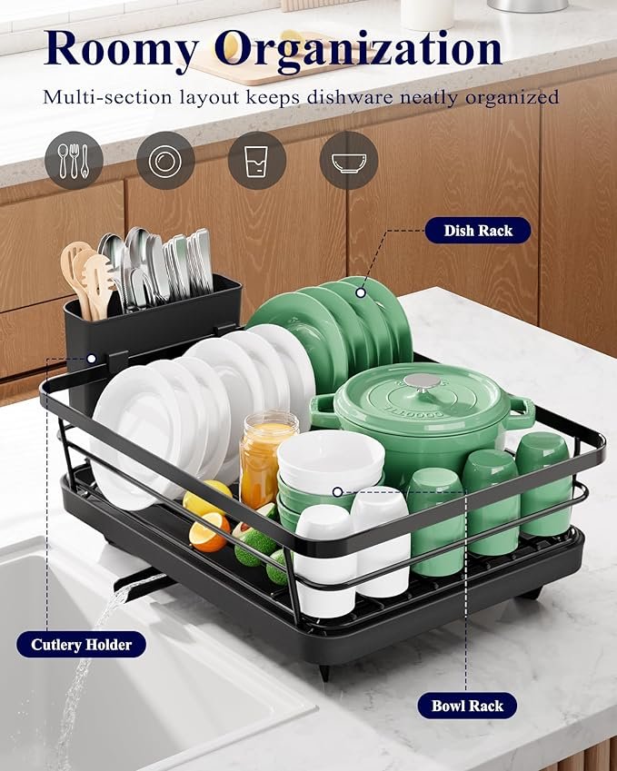 Kitchen Dish Drying Rack for Kitchen Counter, Stainless Steel Sink Organization and Storage Essentials with Cutlery Holder, Home and Appartment Decor, 12''W x 15.5''L, Black - Image 2