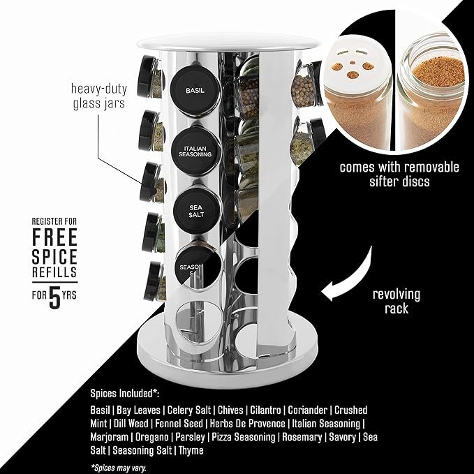 0 Jar Revolving Countertop Spice Rack with Spices Included, FREE Spice Refills for 5 Years, Polished Stainless Steel with Black Caps, 30020 - Image 3