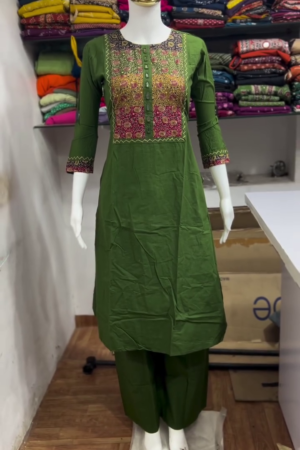 Olive Green Embroidered Kurta Palazzo Set
