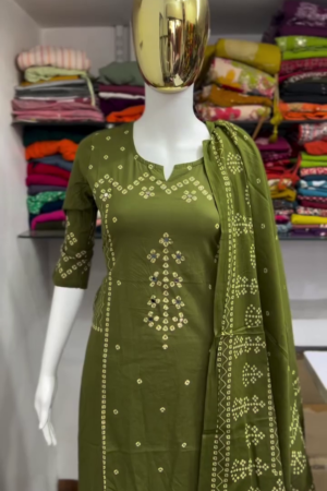 Olive Green Bandhani Print Three Piece Suit Set