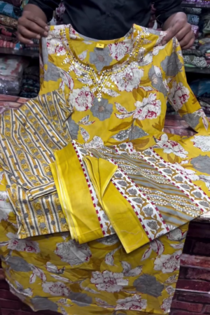 Mustard Floral Printed Three Piece Suit Set