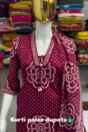 Maroon Bandhani Printed Kurta Palazzo Dupatta Set