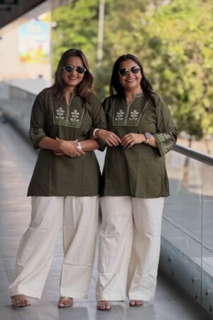 Cotton Embroidered Tunic With Linen Pant