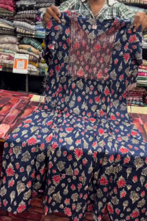 Navy Blue Floral Printed Flared Kurti