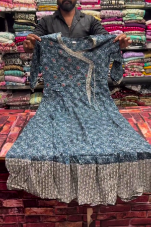 Steel Blue Angrakha Printed Anarkali Kurti
