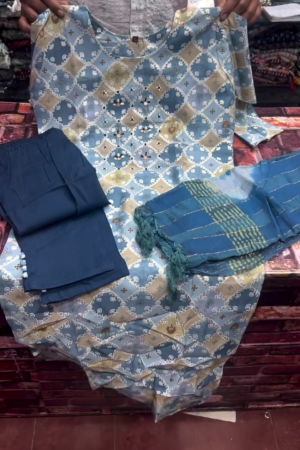 Sky Blue Geometric Print Kurta Pant Dupatta Set