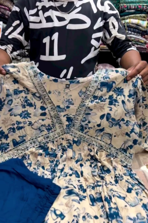 Beige Blue Floral Anarkali Kurta Pant Set