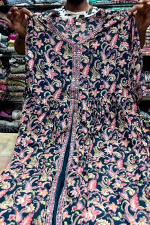 Navy Blue Pink Floral Anarkali Kurti