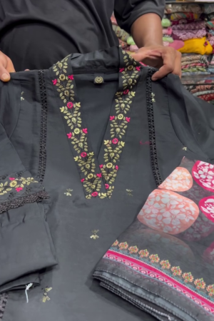 Charcoal Grey Embroidered Suit Set