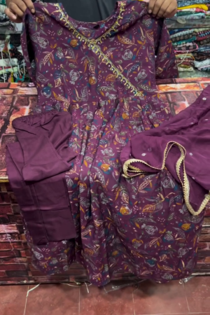Wine Floral Angrakha Anarkali Suit Set