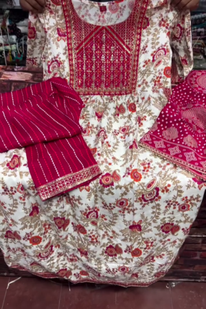 Ivory Red Floral Anarkali Suit Set
