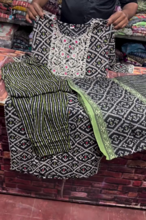 Black & Olive Ikat Print Three-Piece Suit Set
