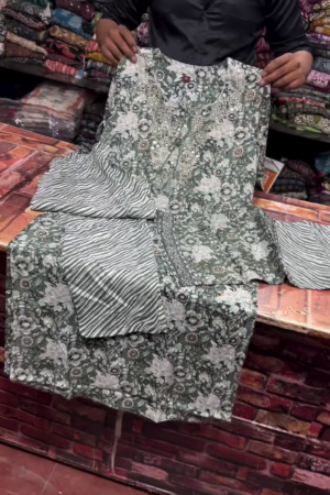 Sage Green Floral Embroidered Three-Piece Suit Set