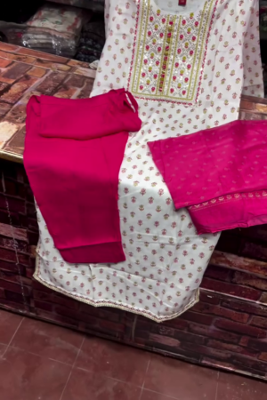 White & Rani Pink Embroidered Three-Piece Suit Set