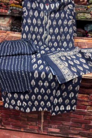 Indigo Handblock Printed Three-Piece Suit Set