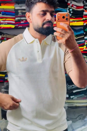 Men's Waffle Knit Contrast Sleeve Polo T-Shirt