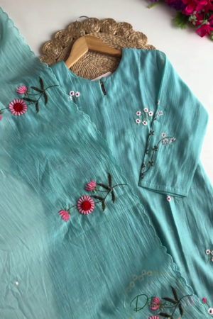 Aqua Blue Floral Embroidered Straight Kurta