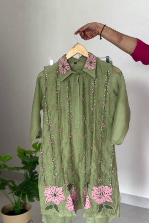 Olive Green Floral Embroidered Kurta Pant Set