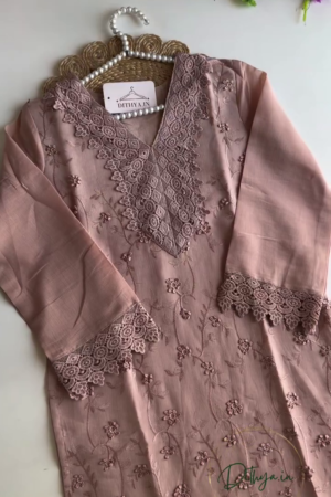 Dusty Mauve Floral Embroidered Lace Kurta Pant Set