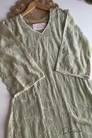 Sage Green Floral Embroidered A-Line Kurta Pant Set
