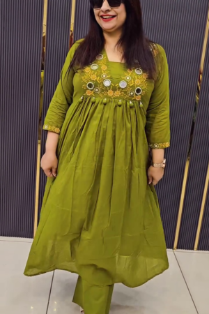 Olive Green Mirror Work Anarkali Three Piece Set