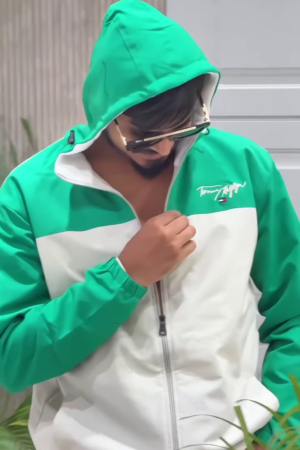Green & White Colorblock Hooded Windbreaker