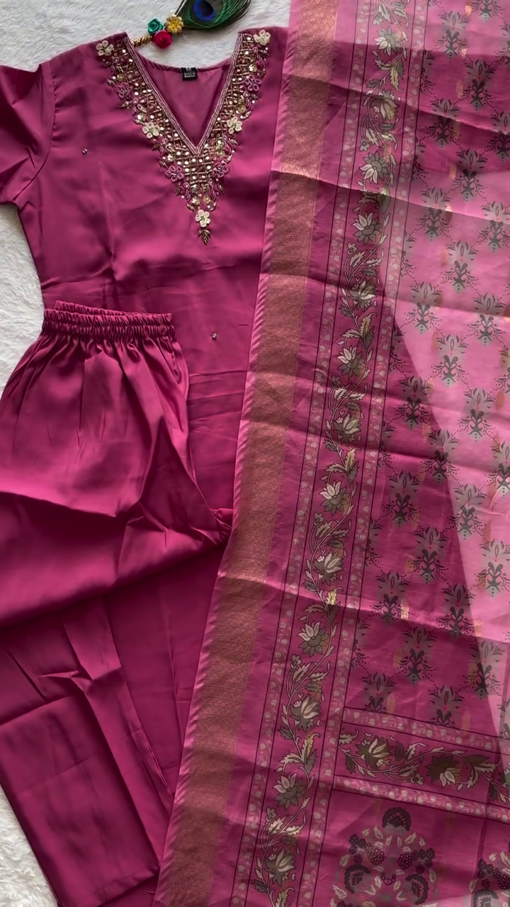 Women's Wine Embellished Salwar Suit Set