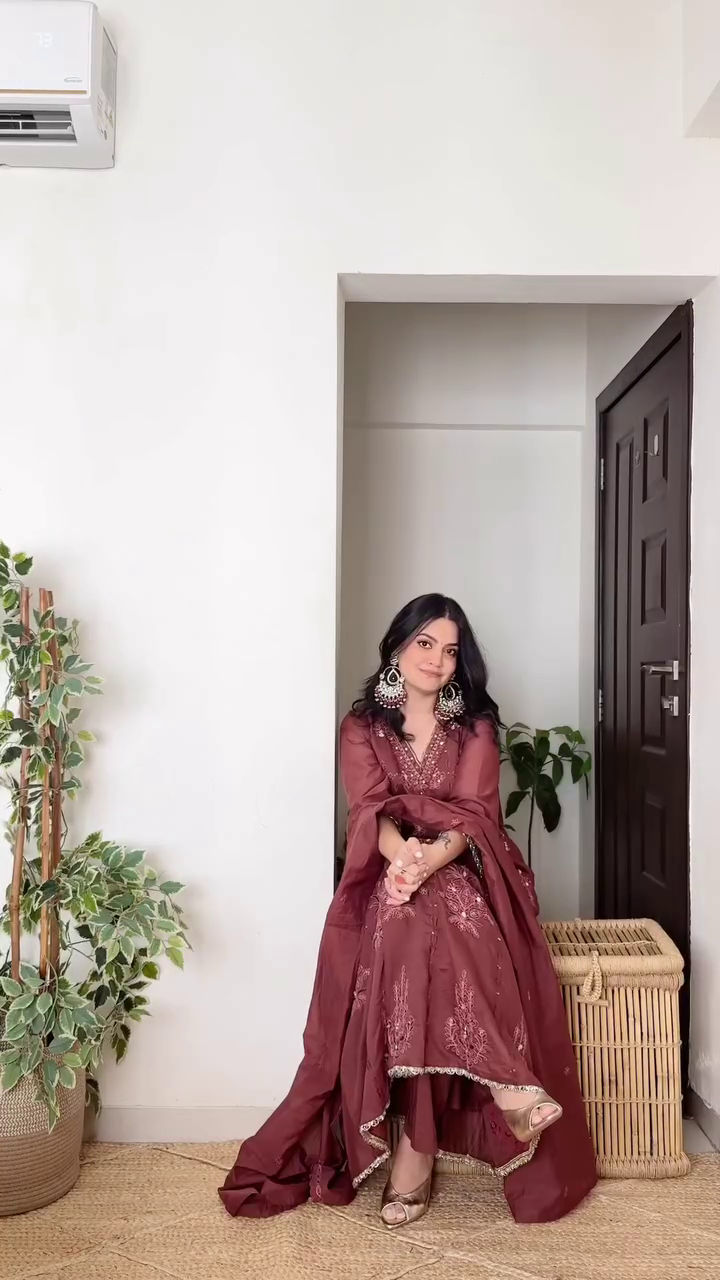 Women's Brown Embroidered Anarkali Suit - Image 2