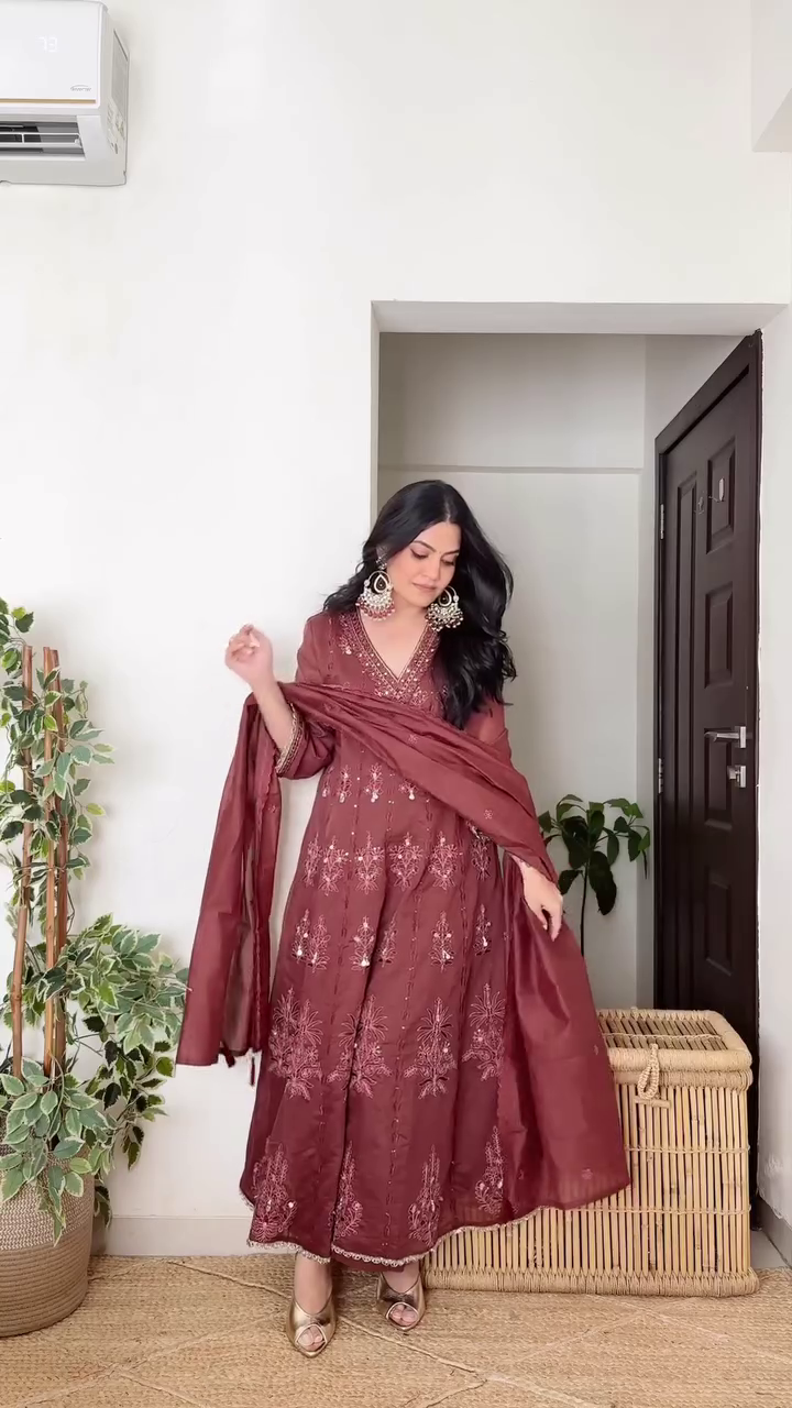 Women's Brown Embroidered Anarkali Suit