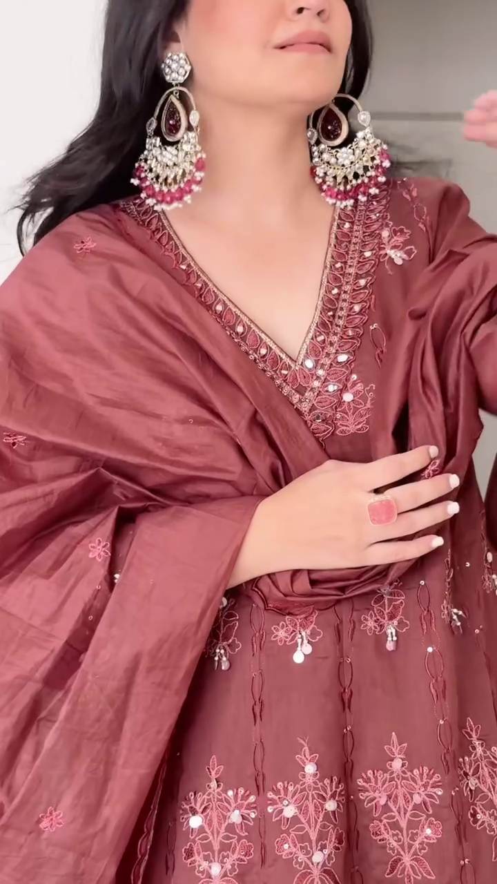 Women's Brown Embroidered Anarkali Suit - Image 3