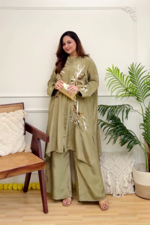Women's Olive Green Embroidered Kurta Palazzo Set