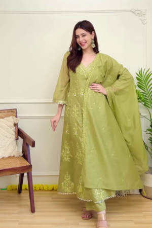 Women's Lime Green Embroidered Kurta Set