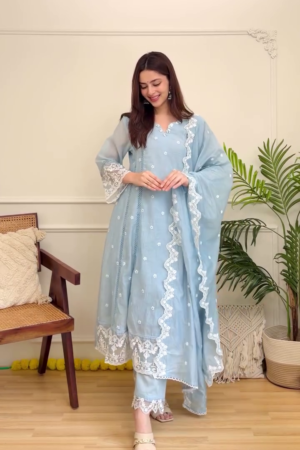 Women's Powder Blue Embroidered Kurta Set