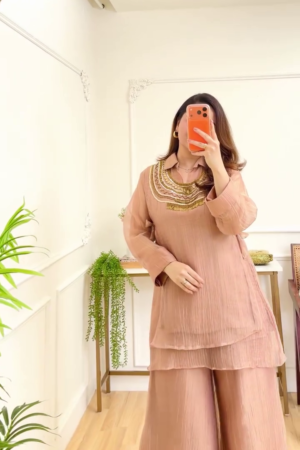 Women's Peach Embellished Kurta Palazzo Set