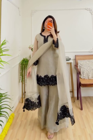 Women's Beige Shimmer Tissue Suit with Black Detailing