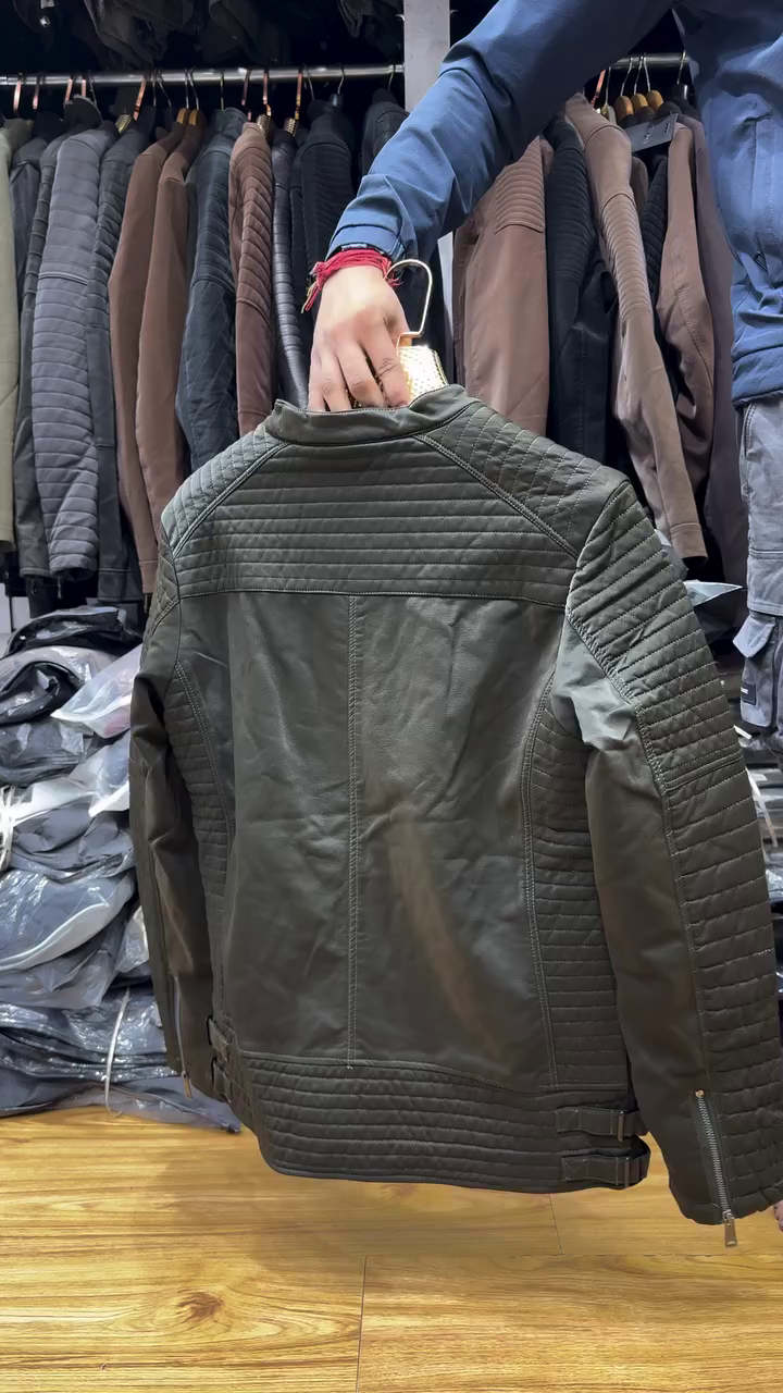Quilted Panel Leather Biker Jacket - Image 2