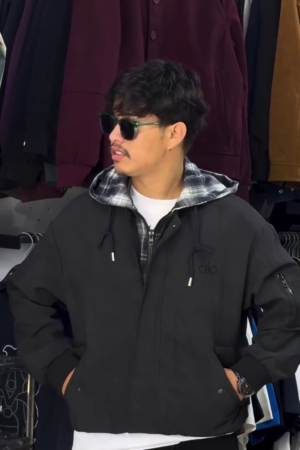 Black Hooded Jacket with Check Lining